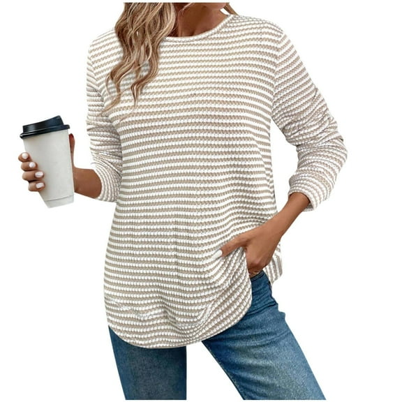 Besolor Long Sleeve Shirts for Women Plus Size Striped Crewneck Pullover Casual Loose Knit Tops Fall Clothes