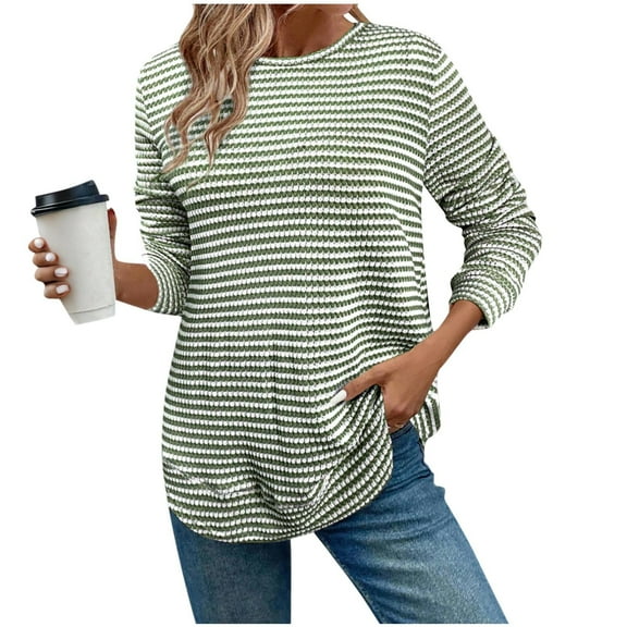 Besolor Long Sleeve Shirts for Women Plus Size Striped Crewneck Pullover Casual Loose Knit Tops Fall Clothes