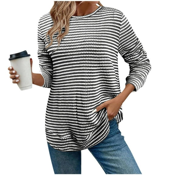 Besolor Long Sleeve Shirts for Women Plus Size Striped Crewneck Pullover Casual Loose Knit Tops Fall Clothes
