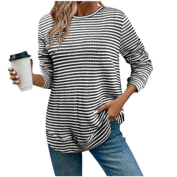 Besolor Long Sleeve Shirts for Women Plus Size Striped Crewneck Pullover Casual Loose Knit Tops Fall Clothes