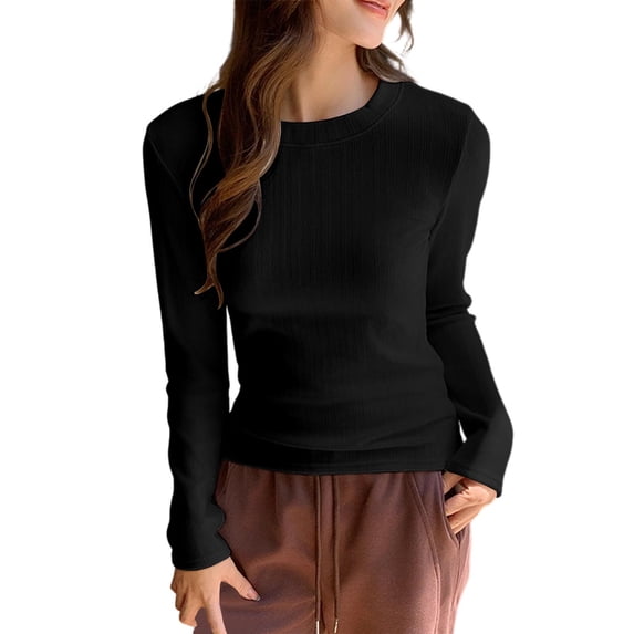 Besolor Long Sleeve Shirts for Women Round Neck Slim Fitted Basic Tee Casual Pullover Going out Tops