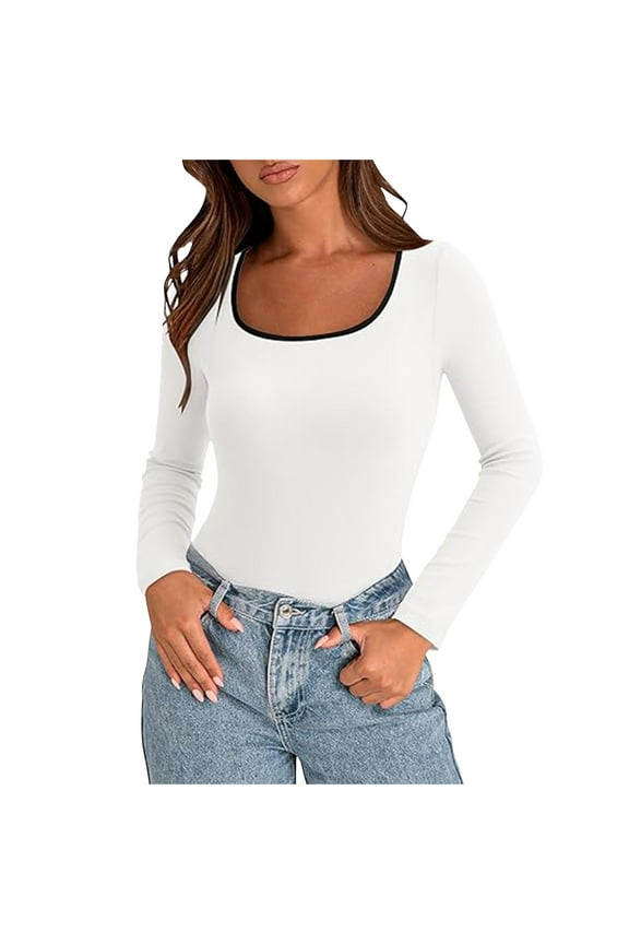 Long Sleeve Shirts for Women Square Neck Casual Slim Fitted Fall Basic Tees Tops Going out Blouse