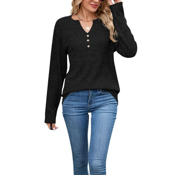 Besolor Long Sleeve Shirts for Women V Neck Button Lightweight Sweaters Casual Fall Dressy Tops Outfits
