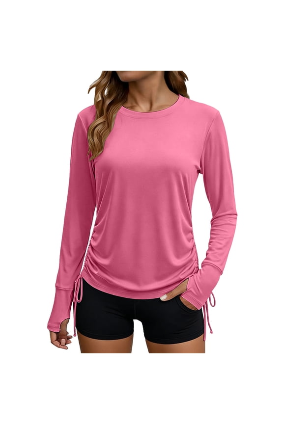 Long Sleeve Tops for Women Summer Sun Protection Shirts Crewneck Side Drawstring Ruched Running Workout Top with Thumb Holes