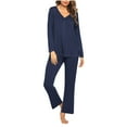 thumbnail image 1 of Besolor Lounge Sets for Women Long Sleeve V Neck Sleep Tops 2 Piece Pajama Sets Loose Straight Leg Pants Solid Comfy Sleepwear, 1 of 4