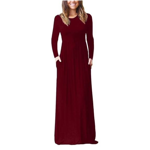 Besolor Maxi Dress for Women Crewneck Solid Color Long Sleeve Fall Dresses Casual Flowy Floor Length Dress with Pockets