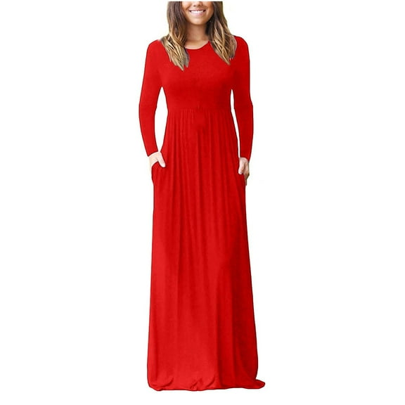 Besolor Maxi Dress for Women Crewneck Solid Color Long Sleeve Fall Dresses Casual Flowy Floor Length Dress with Pockets