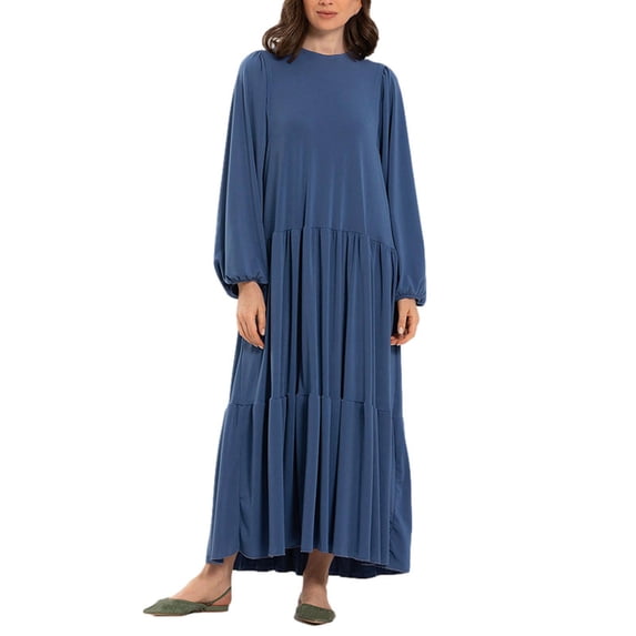 Besolor Maxi Dresses for Women 2025 Casual Crew Neck Long Sleeve Fall Dresses Pleated Solid Color Flowy Long Dress