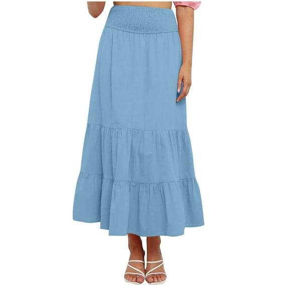 Besolor Maxi Skirts for Women Summer Elastic High Waist Ruffle Tiered a Line Flowy Beach Boho Long Skirt