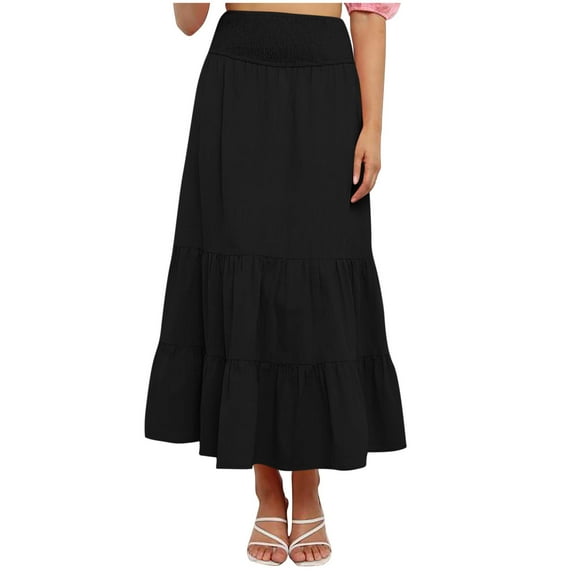 Besolor Maxi Skirts for Women Summer Elastic High Waist Ruffle Tiered a Line Flowy Beach Boho Long Skirt