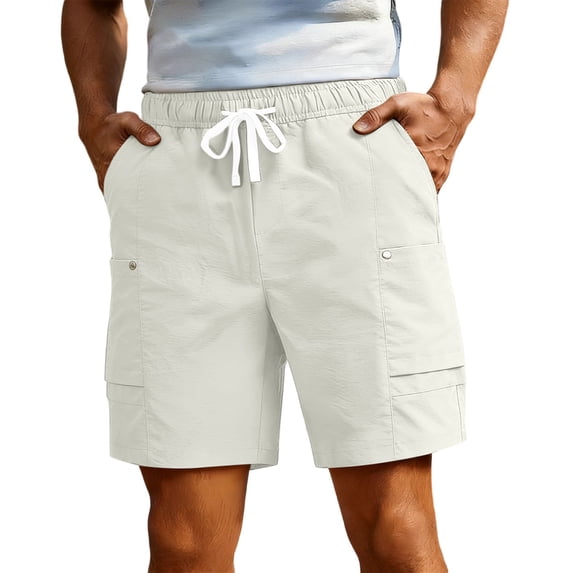 Besolor Men Cargo Shorts Wide Leg Elastic Waist Drawstring Casual Loose Workout Running Short Pants with Pockets(X-Large,White)
