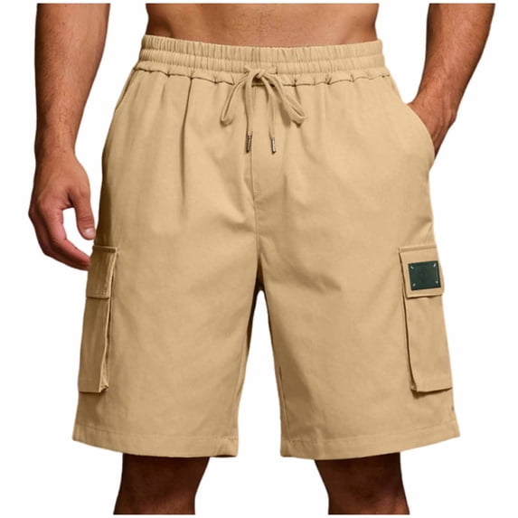 Besolor Men Cargo Shorts Wide Leg High Waisted Elastic Drawstring Casual Loose Outdoor Workout Hiking Knee Length Shorts with Pockets(Small,Khaki)
