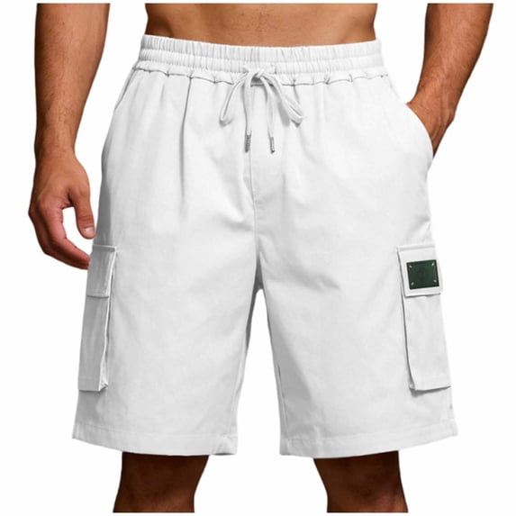 Besolor Men Cargo Shorts Wide Leg High Waisted Elastic Drawstring Casual Loose Outdoor Workout Hiking Knee Length Shorts with Pockets(X-Large,White)