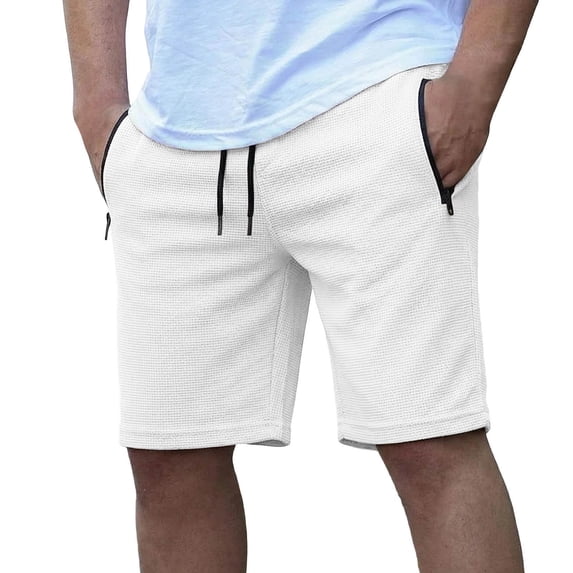 Besolor Men Running Shorts Casual Loose Drawstring Elastic Waist Wide Leg Summer Workout Short Pants with Zipper Pockets(X-Large,White)
