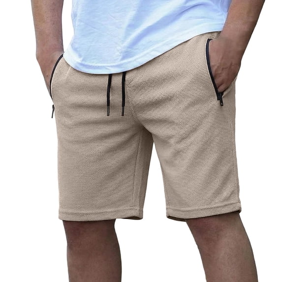 Besolor Men Running Shorts Casual Loose Drawstring Elastic Waist Wide Leg Summer Workout Short Pants with Zipper Pockets(XX-Large,Khaki)