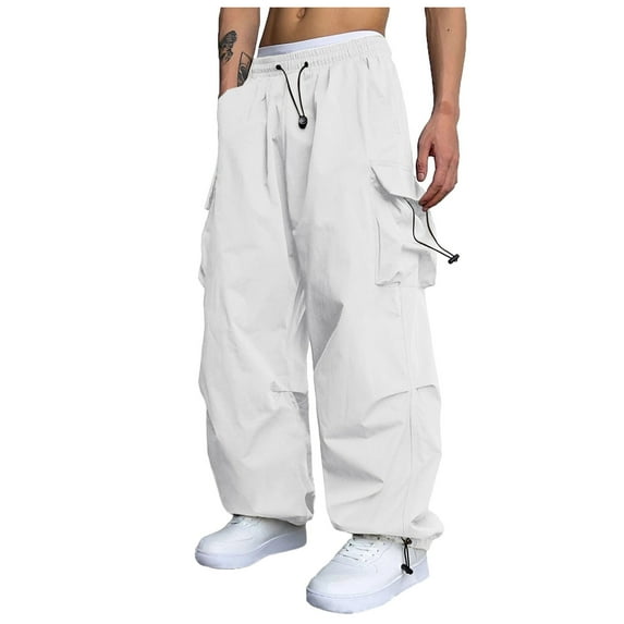 Besolor Men's Baggy Cargo Pants Trendy Casual Elastic Waist Drawstring Joggers Outdoor Hiking Trouser with Pockets Streetwear