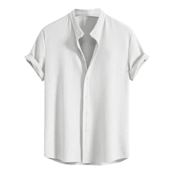 Besolor Men's Button down Shirts Ribbed Short Sleeve Basic Tee Shirts Solid Color Summer Vacation Beach Tops