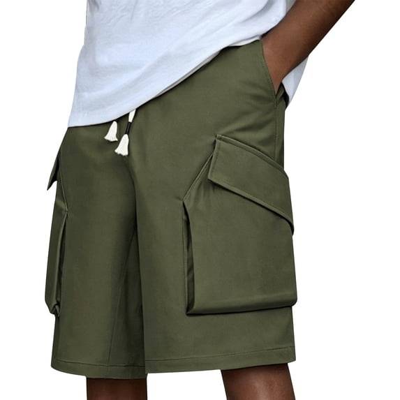 Besolor Men's Cargo Shorts Wide Leg Elastic Drawstring Waisted Casual Loose Outdoor Hiking Workout Knee Length Pants with Multi Pockets(X-Small,Army Green)