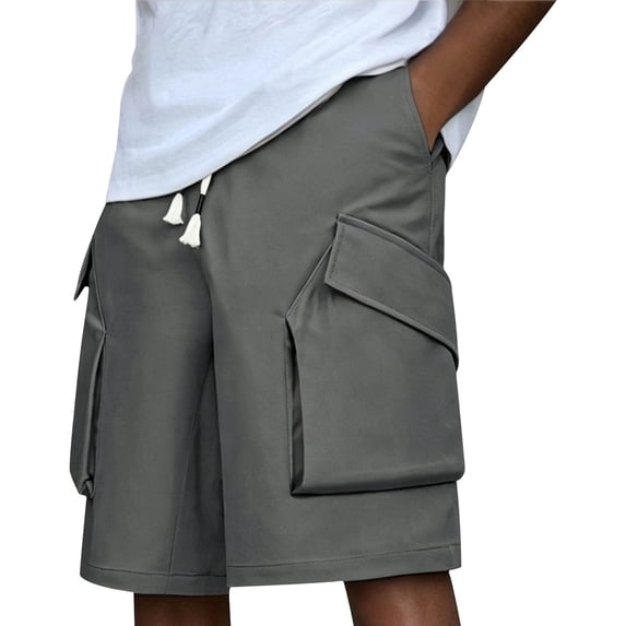 Besolor Men's Cargo Shorts Wide Leg Elastic Drawstring Waisted Casual Loose Outdoor Hiking Workout Knee Length Pants with Multi Pockets(Large,Gray)