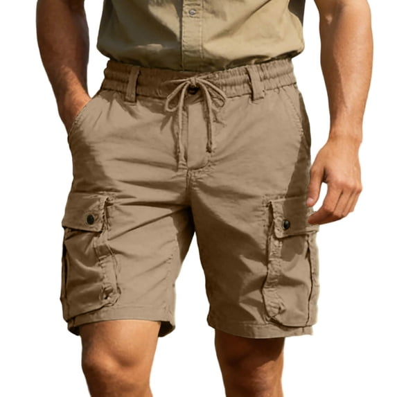 Besolor Men's Cargo Shorts Wide Leg Elastic Waisted Drawstring Casual Hiking Running Outdoor Workwear Shorts with Pockets(X-Large,Khaki)