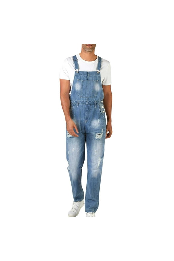 Men's Ripped Denim Bib Overalls Casual Loose Adjustable Straps Wide Straight Leg Jeans Jumpsuits with Pockets