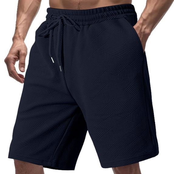Besolor Men's Shorts Summer Textured Wide Leg Elastic Waisted Drawstring Casual Loose Running Shorts with Pocket(Small,Navy)