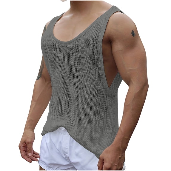 Besolor Men's Summer Tank Tops Round Neck Knit Hollow out Sleeveless Shirts Casual Loose Beach Vacation Tees