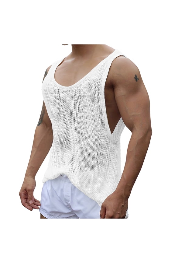 Men's Summer Tank Tops Round Neck Knit Hollow out Sleeveless Shirts Casual Loose Beach Vacation Tees