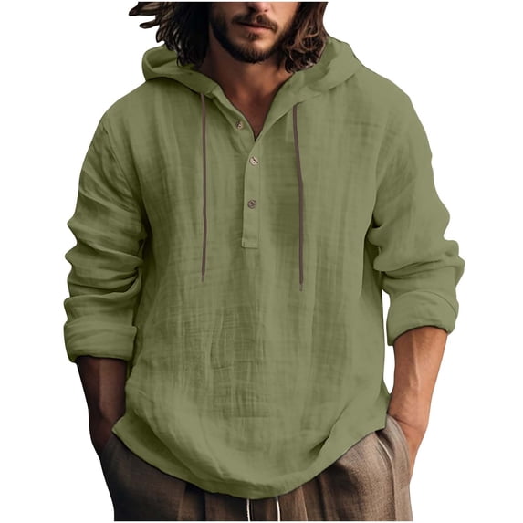 Besolor Mens Cotton Linen Hooded Sweatshirts Button Drawstring Long Sleeve Tops Casual Loose Comfy Fall Spring Blouse