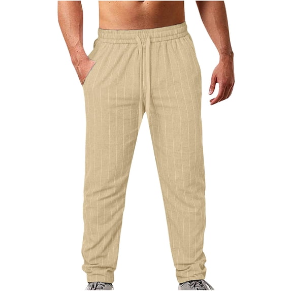 Besolor Mens Cotton Linen Pants Stripe Elastic Waist Drawstring Straight Leg Pants Casual Workout Lounge Trousers with Pockets