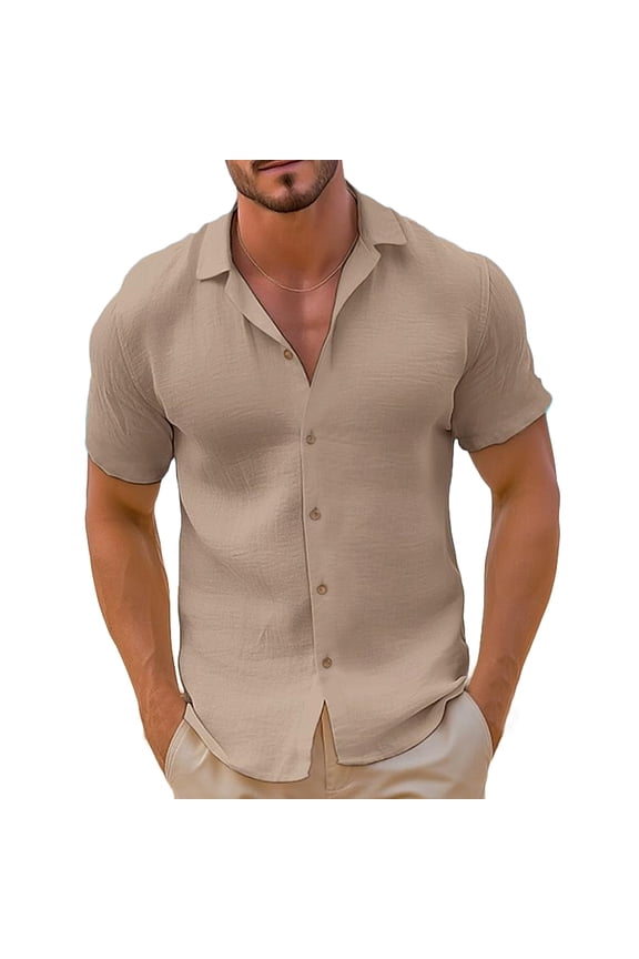 Mens Linen Button down Shirts Casual Collared Short Sleeve Basic Tops Summer Vacation Beach Shirts