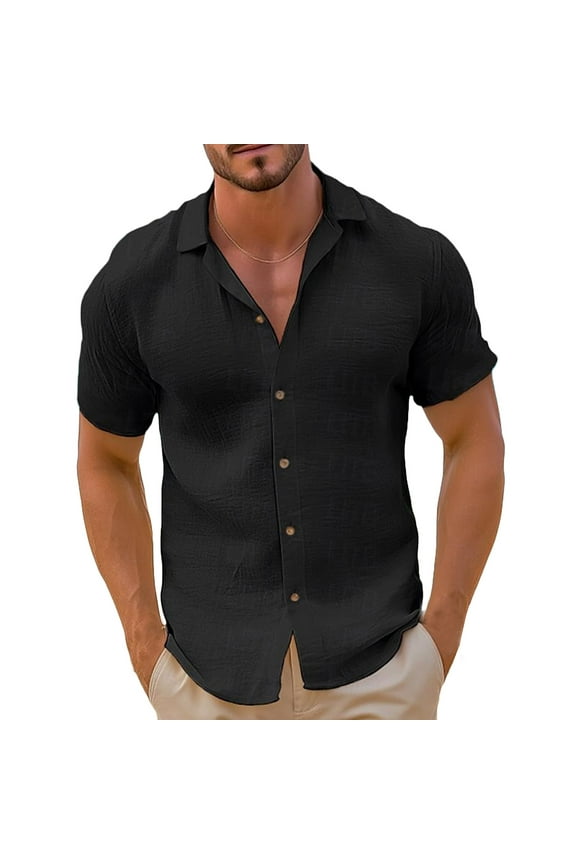 Mens Linen Button down Shirts Casual Collared Short Sleeve Basic Tops Summer Vacation Beach Shirts