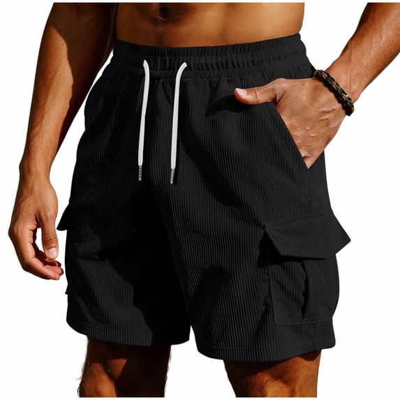 Besolor Mens Shorts Corduroy Drawstring Elastic Waist Wide Leg Casual Loose Outdoor Workout Cargo Shorts with Multi-pocket(X-Large,Black)