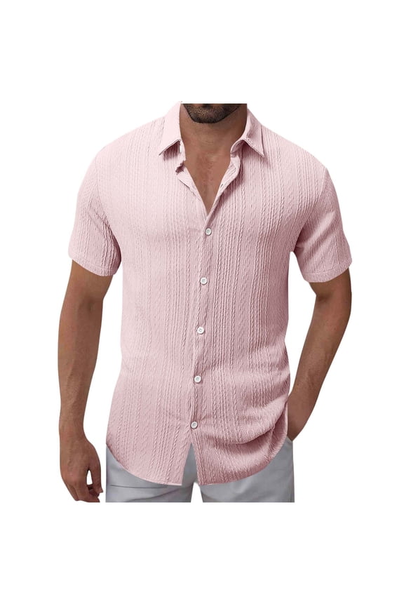 Mens Summer Textured Shirts Collared Short Sleeve Casual Button Down Shirt Beach Vacation Tops S-XXL