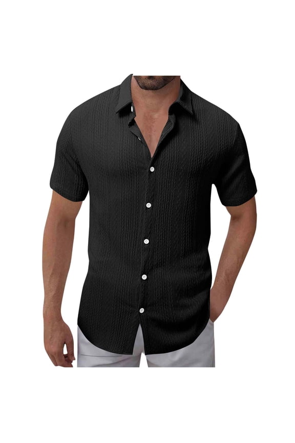 Mens Summer Textured Shirts Collared Short Sleeve Casual Button Down Shirt Beach Vacation Tops S-XXL