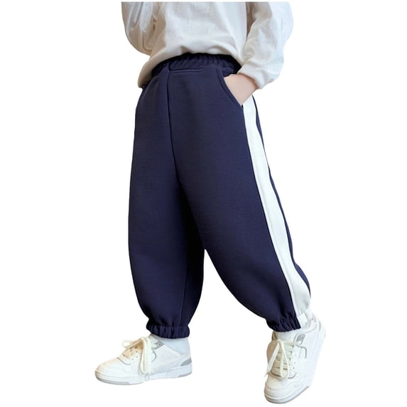 Besolor Newborn Boys Girls Cinch Bottom Sweatpants Color Block Elastic High Waisted Fall Winter Warm Kids Running Pant with Pocket(7-8 Years,Navy)