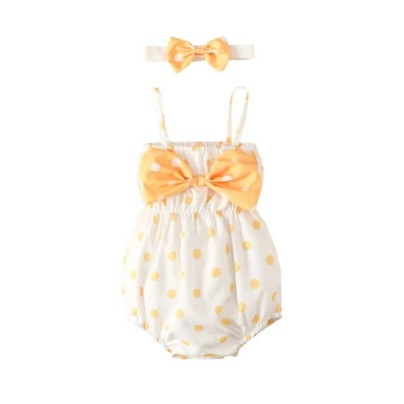 Besolor Newborn Infant Baby Girl Bubble Romper Cute Bowknot Polka Dots Sleeveless Bodysuit with Headband Summer Clothes