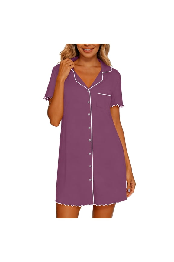 Nightgowns for Women Button down Sleep Shirts Lapel Collar Short Sleeve Nightshirt Summer Casual Comfy Pajama Mini Dress with Pockets