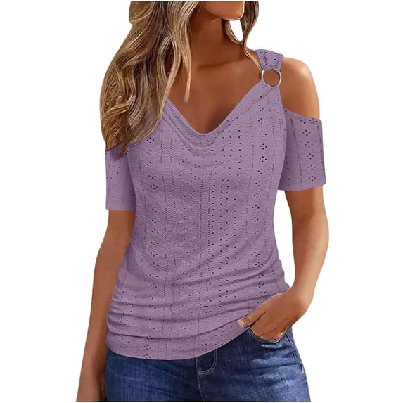 Besolor Off Shoulder Tops for Women Eyelet Hole Cowl Neck Short Sleeve Summer Casual Beachwear Boho Shirts Blouse