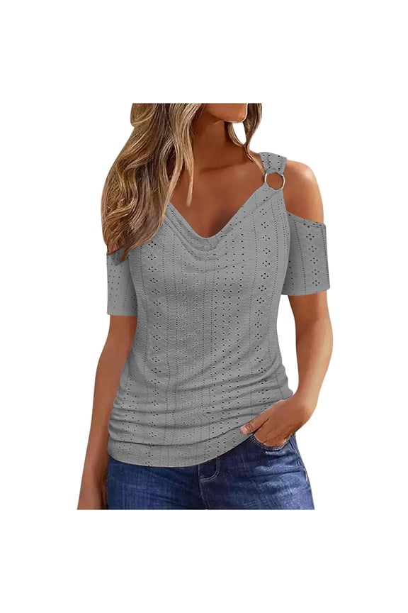 Off Shoulder Tops for Women Eyelet Hole Cowl Neck Short Sleeve Summer Casual Beachwear Boho Shirts Blouse