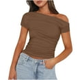 thumbnail image 1 of Besolor Off Shoulder Tops for Women Short Sleeve Ruched Tight Shirts Going out T-Shirt Slim Crop Top Trendy Clothes 2025, 1 of 5