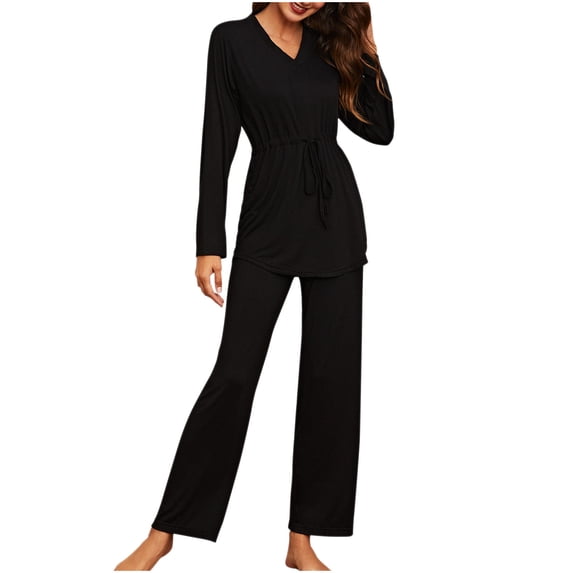 Besolor Pajama Sets for Women Casual Soft 2 Piece Outfits V Neck Long Sleeve Tops and Pants Matching Sets Sleepwear Pjs Black