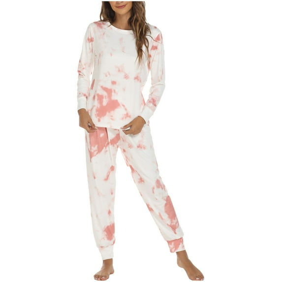 Besolor Pajama Sets for Women Casual Soft Tie-Dye Crewneck Long Sleeve Tops and Pants 2 Pieces Outfits Sleepwear Pjs