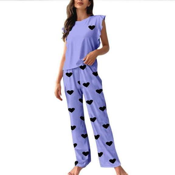 Besolor Pajamas Set for Women Summer Casual Heart Printed Ruffle Sleeveless Tops and Pants Set Sleepwear Pjs