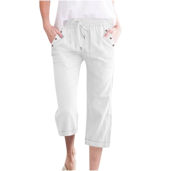 Besolor Plus Size Capri Pants for Women Cotton Linen Summer Lightweight Casual Loose Drawstring High Waisted Straight Leg Capris with Pockets
