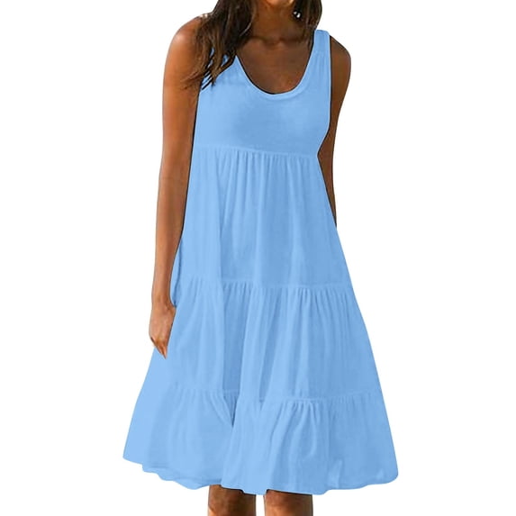 Besolor Plus Size Dresses for Women Crewneck Sleeveless Sundresses Summer Casual Loose Ruffle Hem A-Line Vacation Dress
