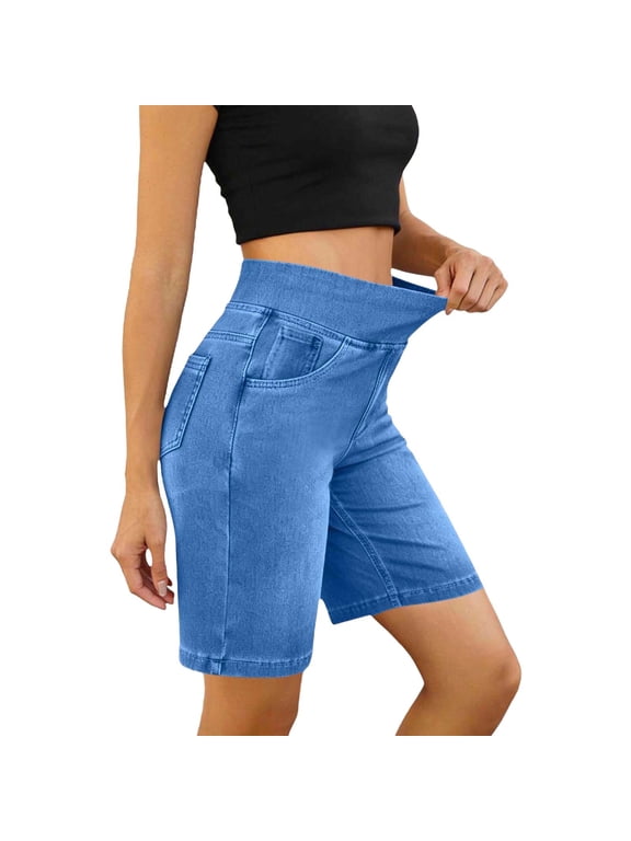 Plus Size Jean Shorts for Women Elastic High Waisted Wide Leg Slim Fitting Casual Denim Shorts with Pockets