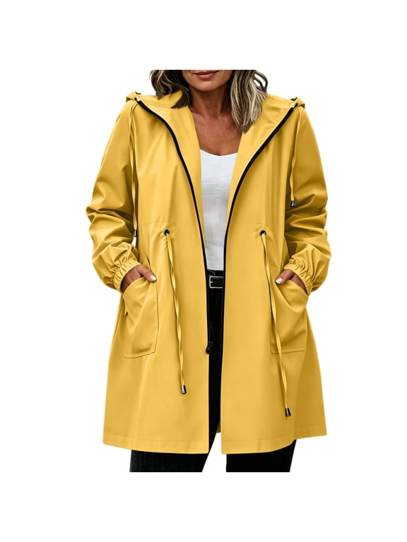 Plus Size Rain Jacket for Women Long Sleeve Drawstring Zip up Hoodies Elastic Waist Fall Casual Windproof Jackets Tops with Pocket(3X-Large,Yellow)