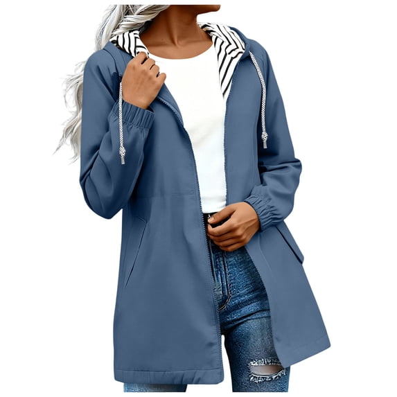 Besolor Plus Size Raincoat for Women Striped Lined Waterproof Rain Jacket with Hooded Lightweight Windbreaker Outdoor Hiking Travel Jackets(3X-Large,Blue)