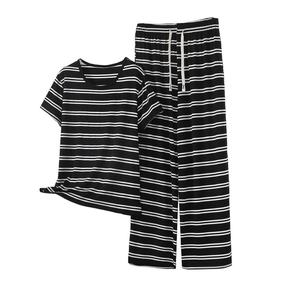 Besolor Plus Size Striped Pajama Sets for Women Summer Casual Crewneck Neck Short Sleeve Shirts with Wide Leg Pants Comfy 2 Piece Outfits(XX-Large,Khaki)